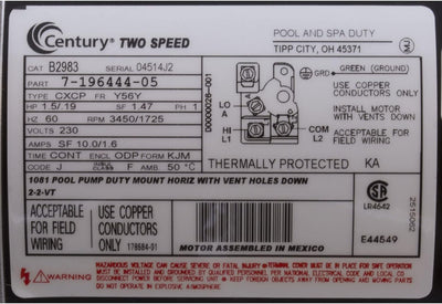 Century® Centurion® B2983 2 Speed Pool and Spa Pump Motor; 1.5/0.19HP, 3450/1725 RPM, 230V, 56Y, Square Flange