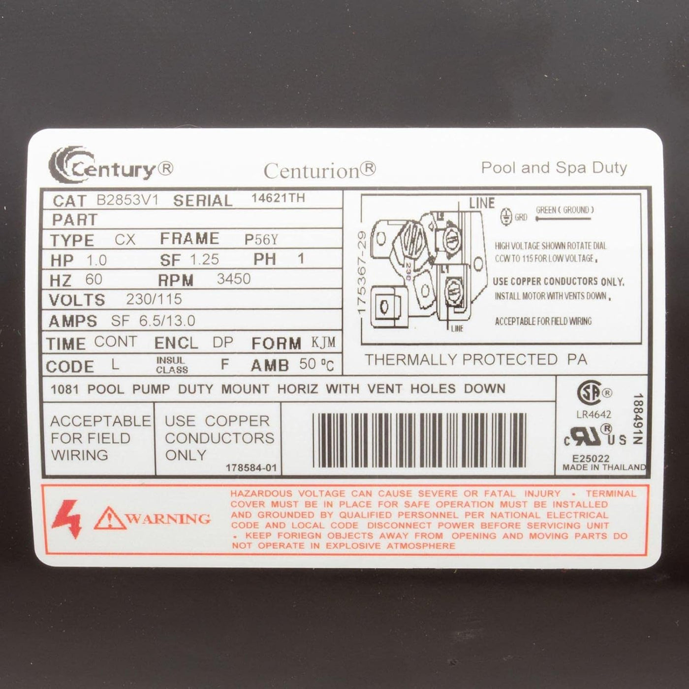 Century B2853V1 ODP Square Flange Pool/Spa Motor 1 HP 115/230V UR